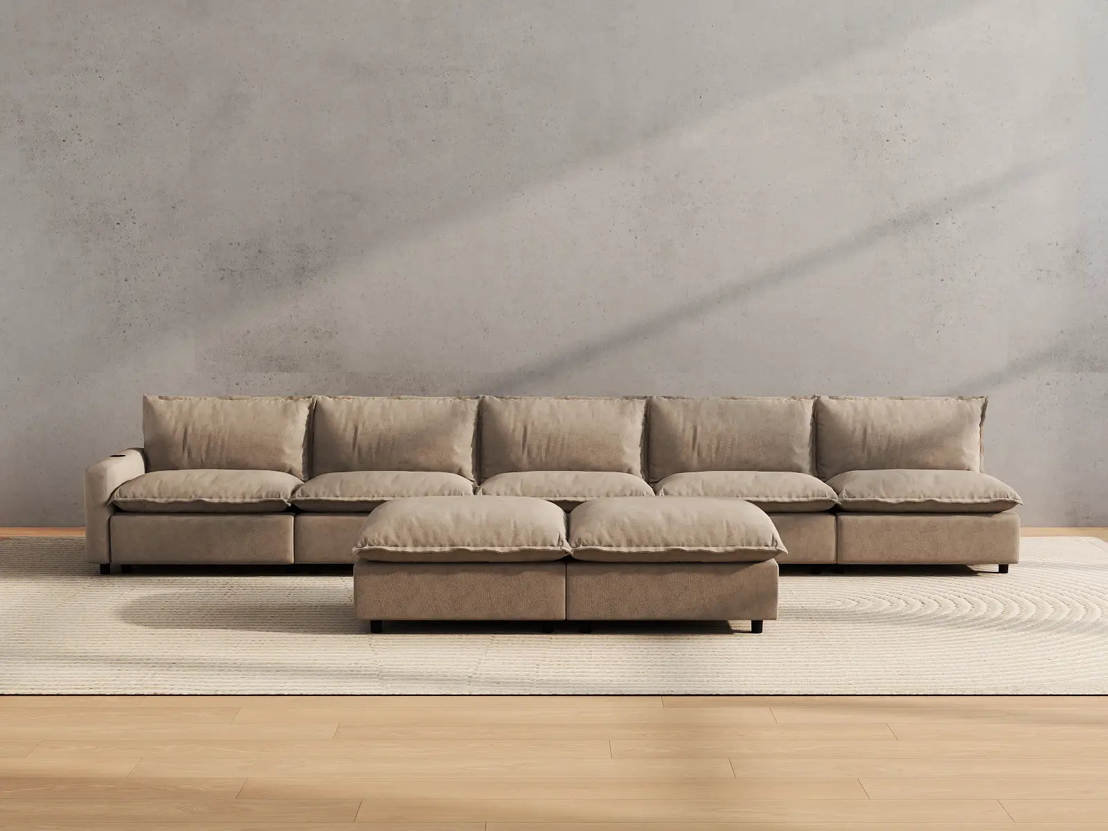 Modular Cero Sofa Set Recliner | 7-Piece Khaki Linen Open Plan Sofa Sets 5-Seater with 2-Ottomans