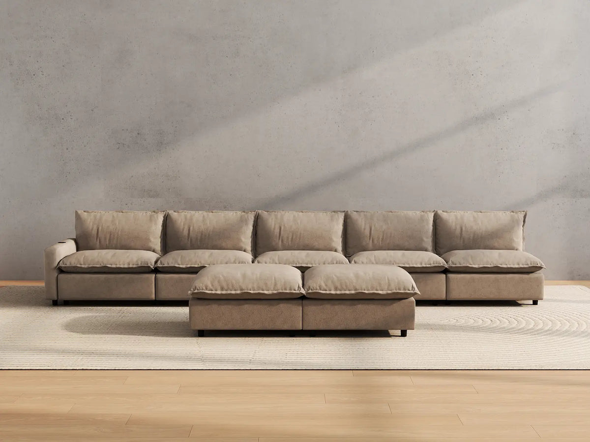 Modular Cero Power Reclining Sofa Set | 7-Piece Khaki Linen Open Plan Sofa Sets 5-Seater with 2-Ottomans