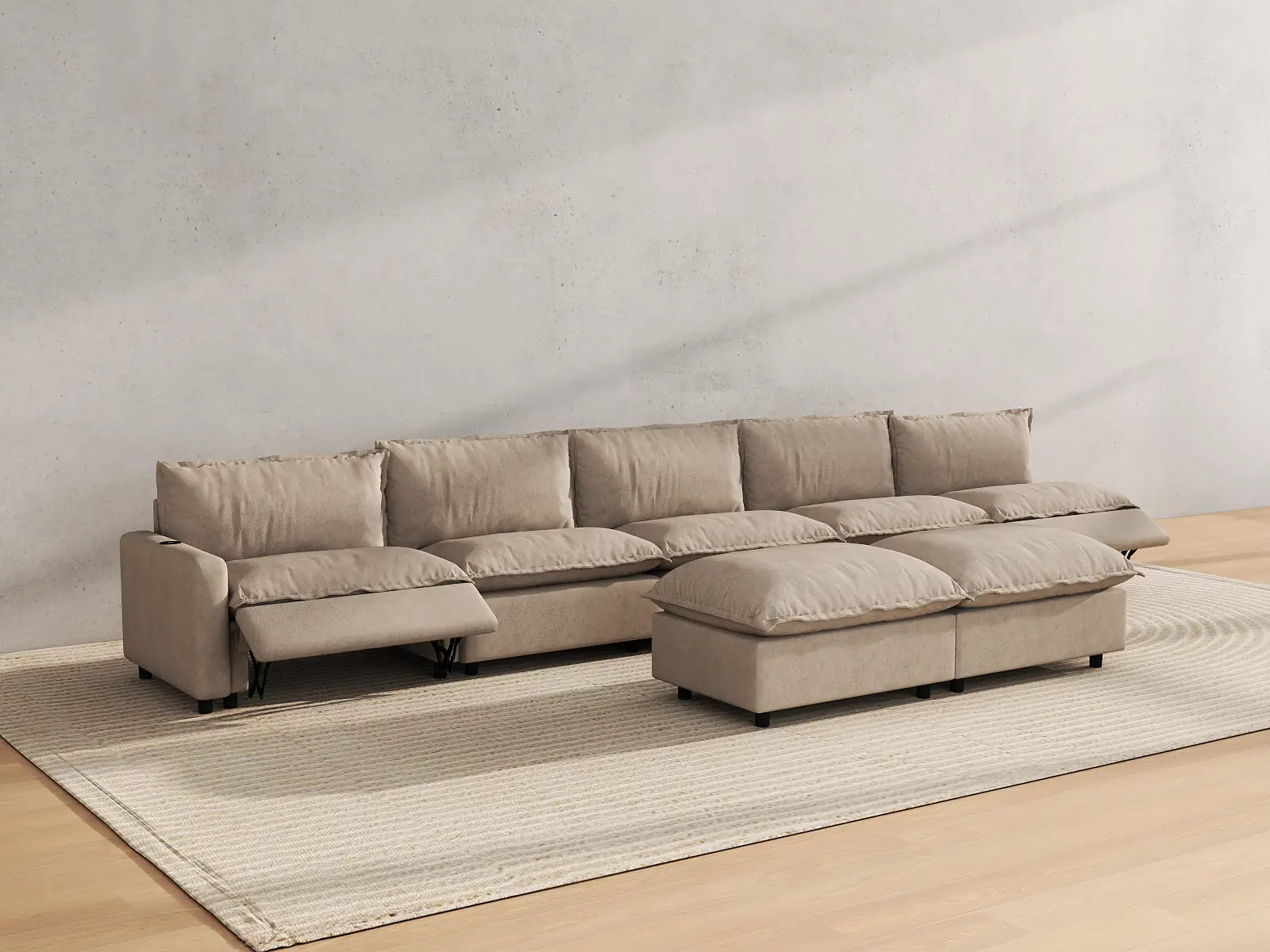 Modular Cero Sofa Set Recliner | 7-Piece Khaki Linen Open Plan Sofa Sets 5-Seater with 2-Ottomans