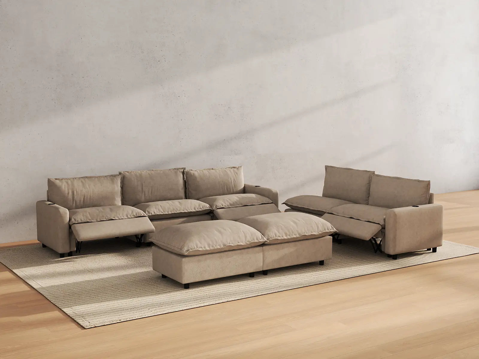 Modular Cero Living Room Sofa Set Recliner | 7-Piece Khaki Linen Open Plan Sofa Sets 5-Seater with 2-Ottomans