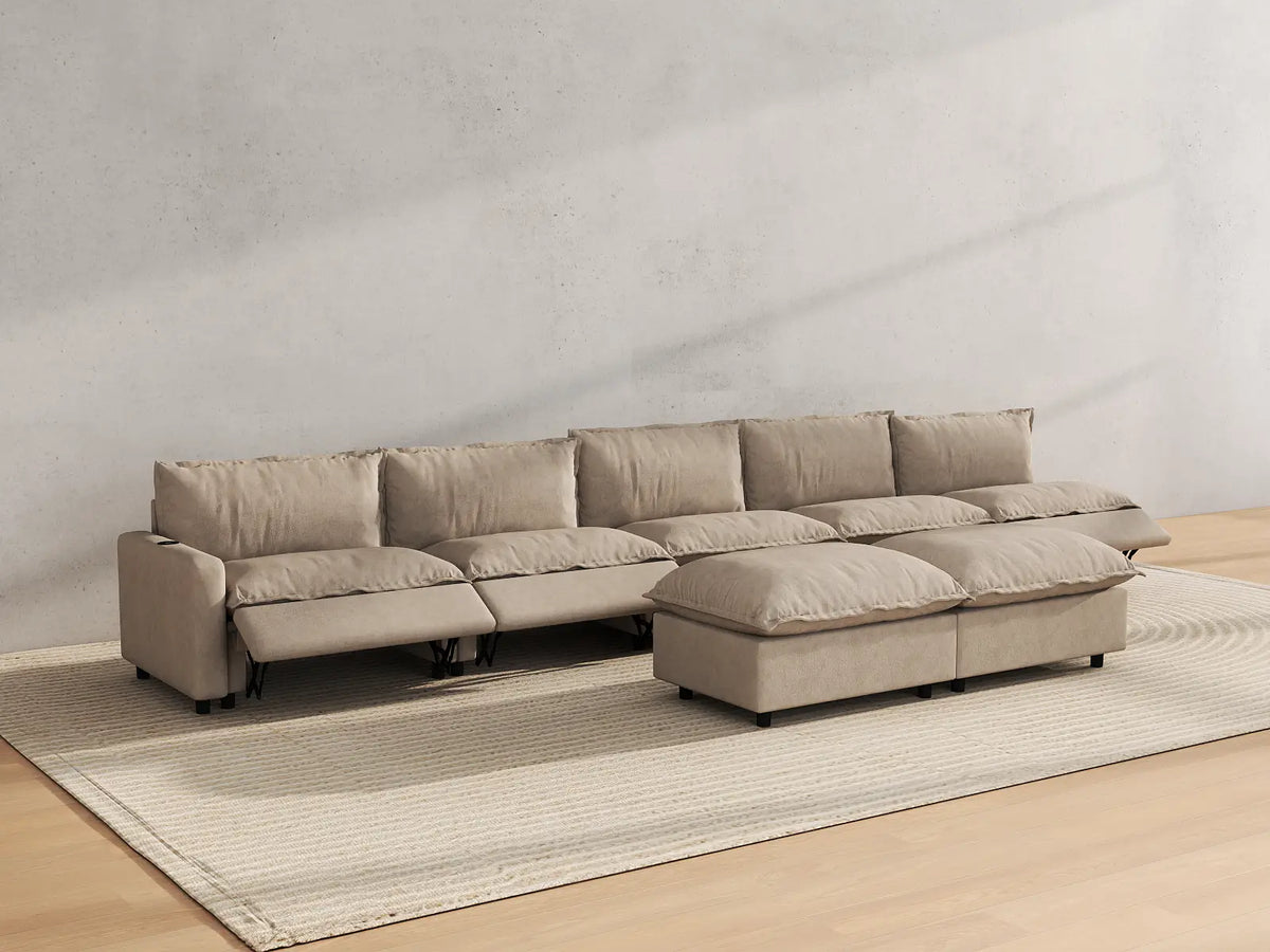 Modular Cero Power Reclining Sofa Set | 7-Piece Khaki Linen Open Plan Sofa Sets 5-Seater with 2-Ottomans