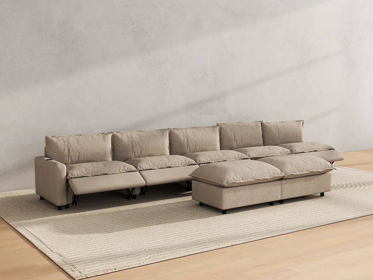 Modular Cero Sofa Set with Recliner | 7-Piece Khaki Linen Open Plan Sofa Sets 5-Seater with 2-Ottomans