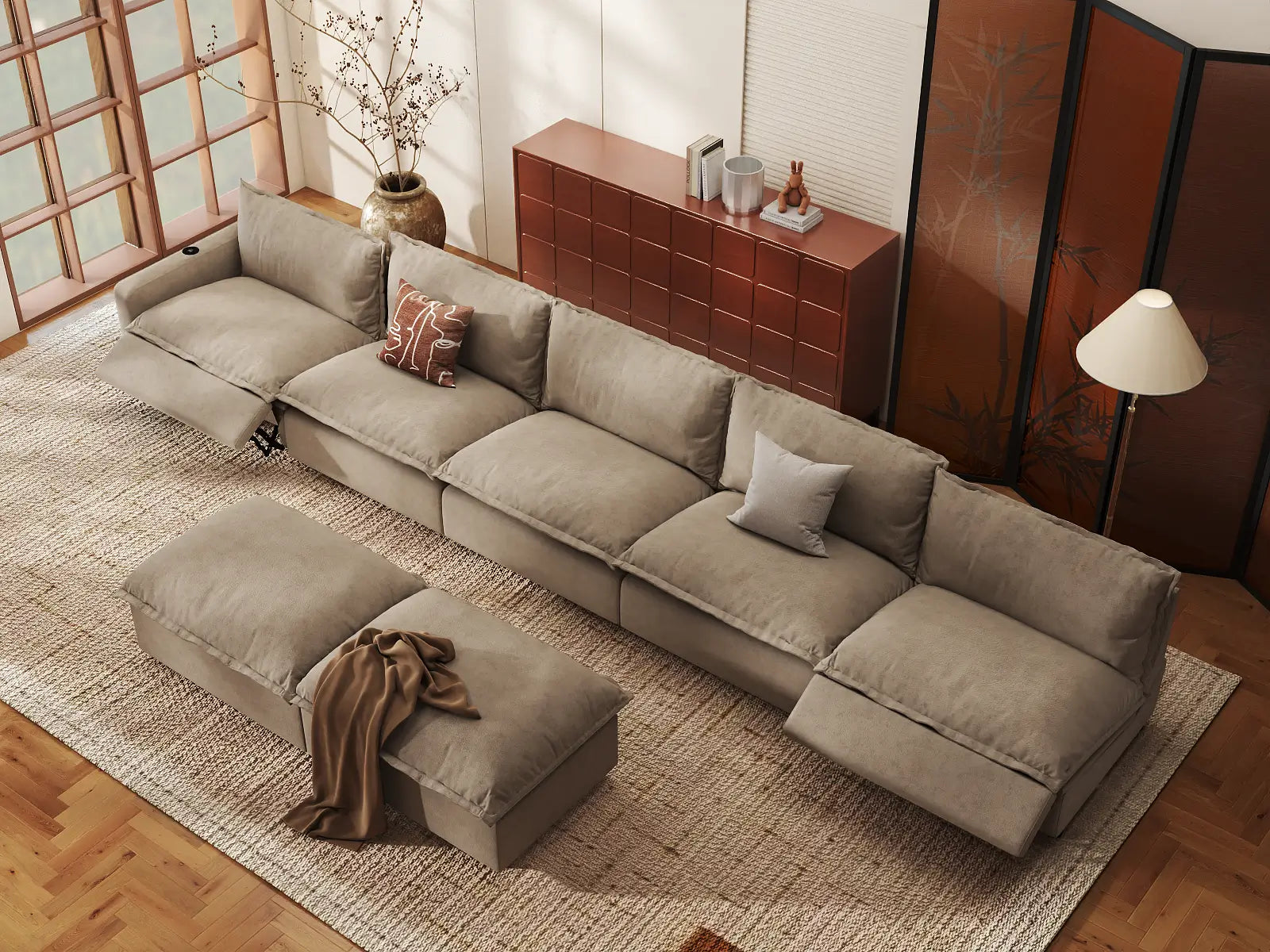 Modular Cero Sofa Set Recliner | 7-Piece Khaki Linen Open Plan Sofa Sets 5-Seater with 2-Ottomans