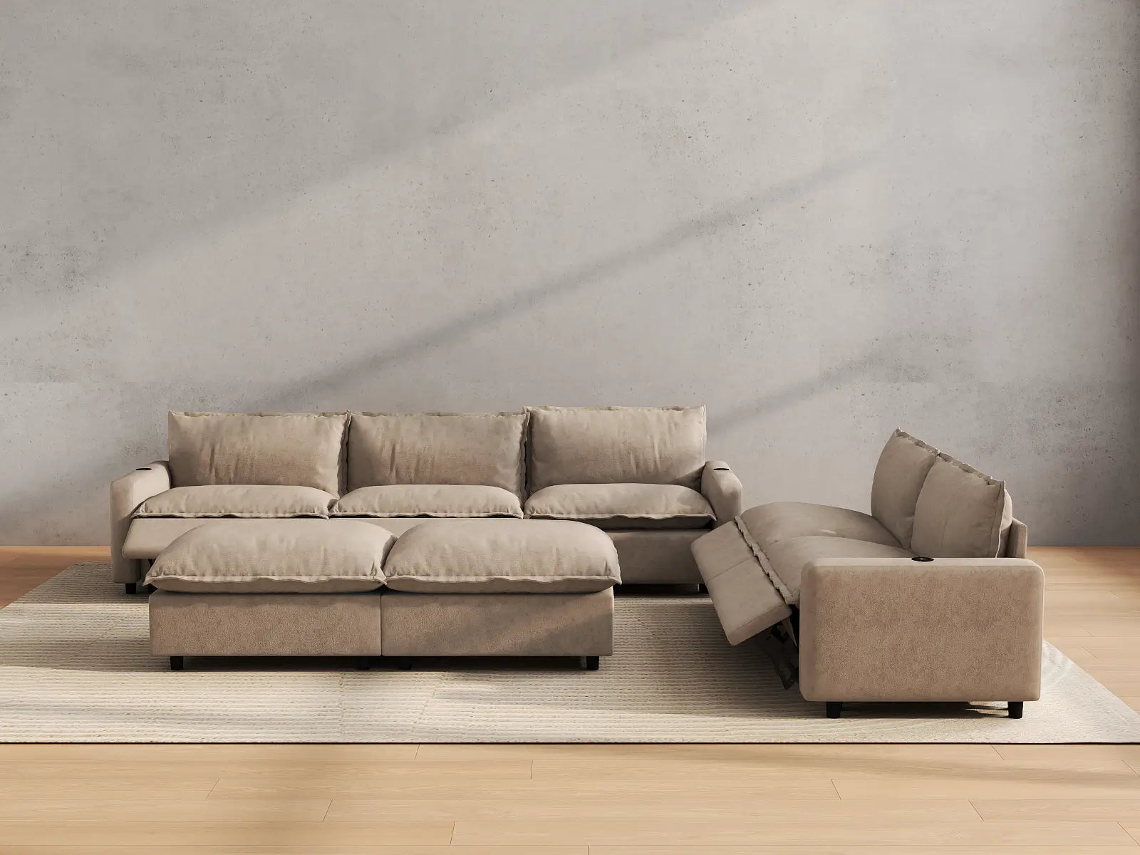 Modular Cero Power Recliner Sofa Set for Living Room | 7-Piece Khaki Linen Open Plan Sofa Sets 5-Seater with 2-Ottomans