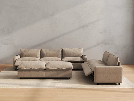 Modular Cero Reclining Sectionals | 7-Piece Khaki Linen Open Plan Sofa Sets 5-Seater with 2-Ottomans