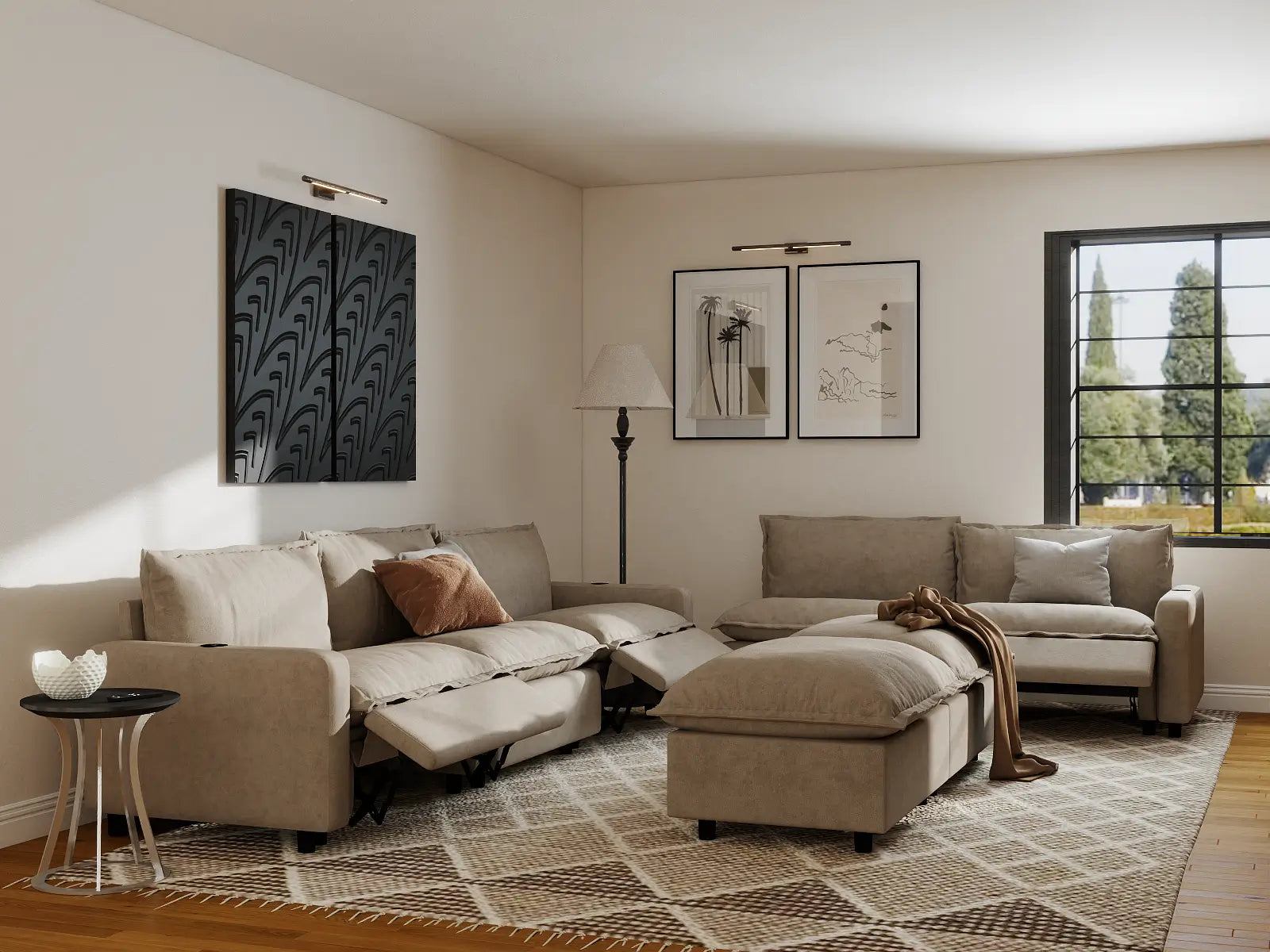 Modular Cero Living Room Sofa Set Recliner | 7-Piece Khaki Linen Open Plan Sofa Sets 5-Seater with 2-Ottomans