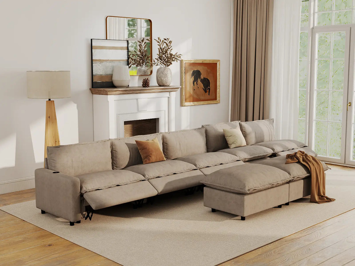 Modular Cero Sofa Set with Recliner | 7-Piece Khaki Linen Open Plan Sofa Sets 5-Seater with 2-Ottomans