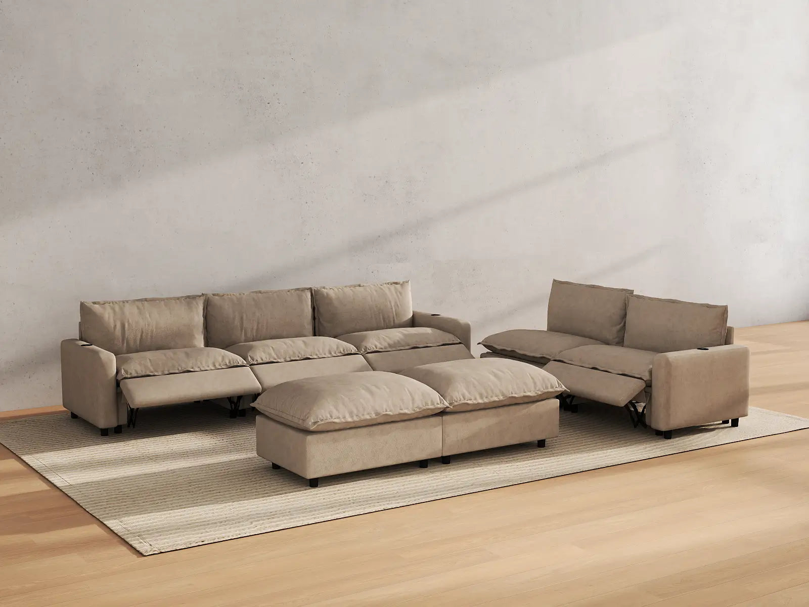 Modular Cero Power Recliner Sofa Set for Living Room | 7-Piece Khaki Linen Open Plan Sofa Sets 5-Seater with 2-Ottomans