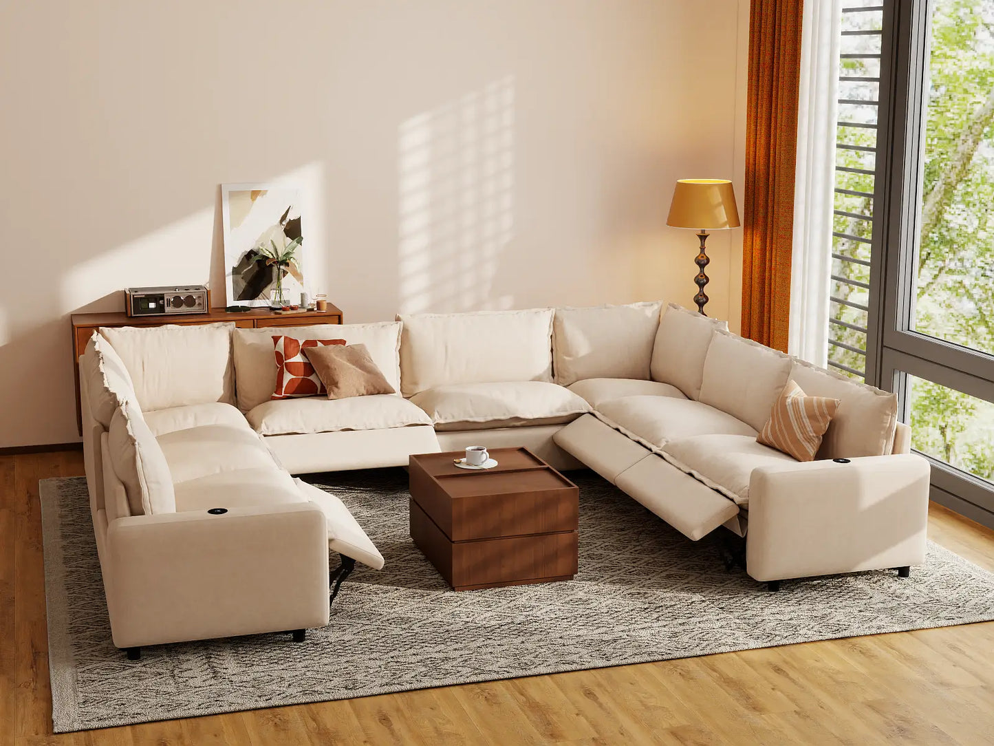 Modular Cero U Shaped Reclining Sectional | 8-Piece Beige Linen Grand Estate U-Shaped Sectionals 8-Seater
