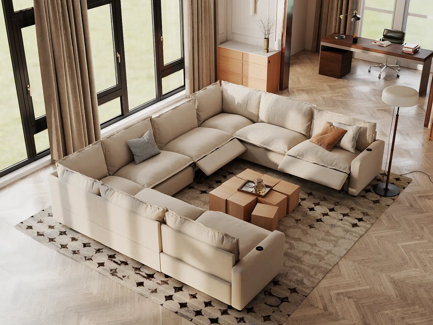 Modular Cero Recliner Sectional Couch | 8-Piece Beige Linen Grand Estate U-Shaped Sectionals 8-Seater