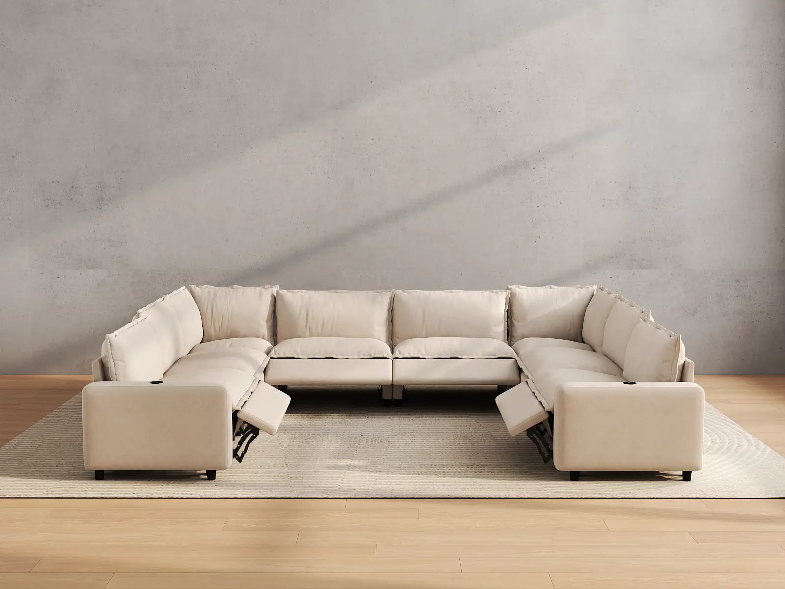 Modular Cero U Shaped Reclining Sectional | 8-Piece Beige Linen Grand Estate U-Shaped Sectionals 8-Seater