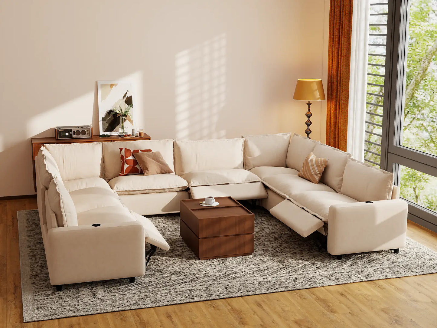 Modular Cero Recliner Sectional Couch | 8-Piece Beige Linen Grand Estate U-Shaped Sectionals 8-Seater