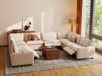 Modular Cero Recliner Sectional Couch | 8-Piece Beige Linen Grand Estate U-Shaped Sectionals 8-Seater