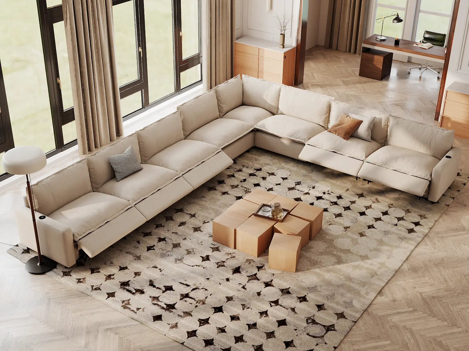 Modular Cero Power Recliner Sectional | 8-Piece Beige Linen Grand Estate V-Shaped Sectionals 8-Seater