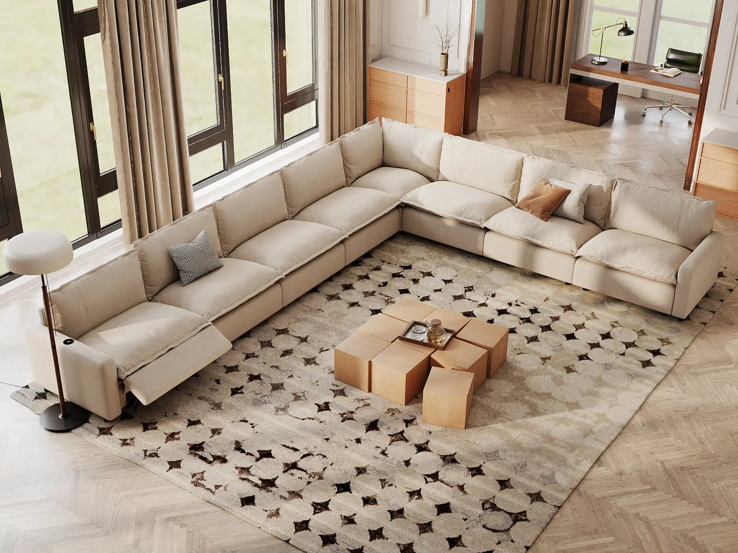 Modular Cero Reclining Sectionals | 8-Piece Beige Linen Grand Estate V-Shaped Sectionals 8-Seater