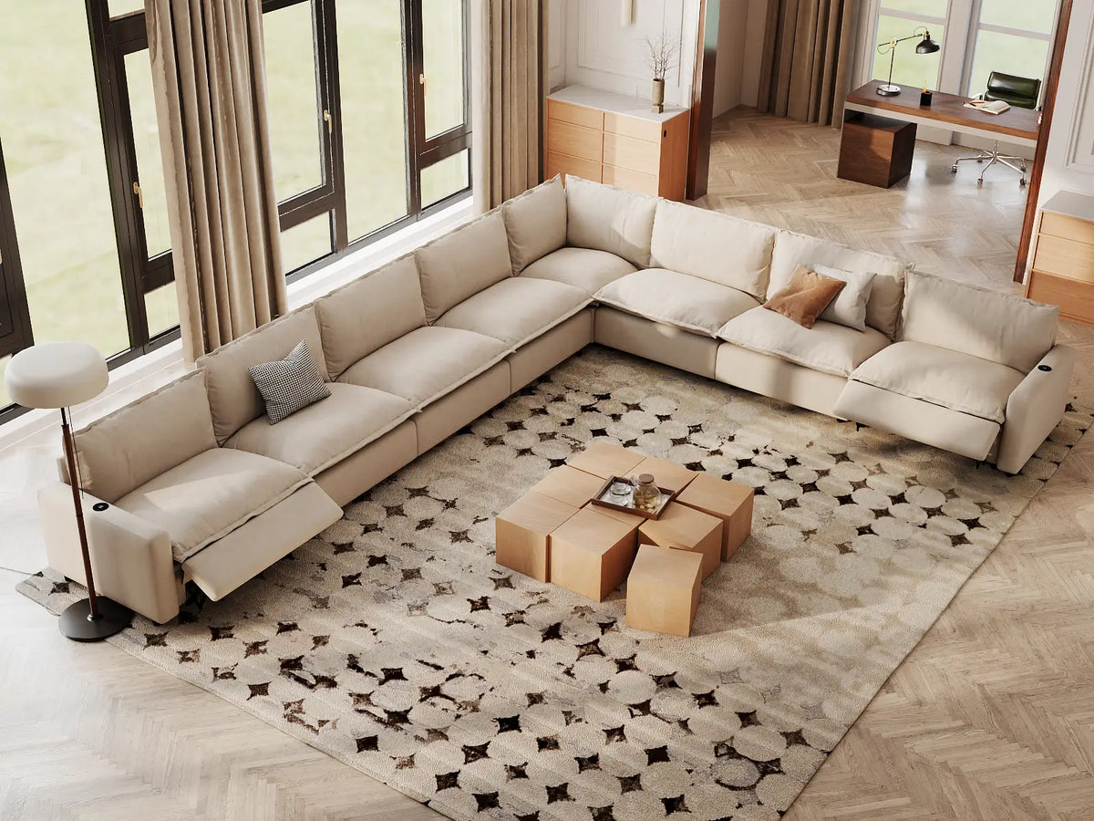 Modular Cero Reclining Sectionals | 8-Piece Beige Linen Grand Estate V-Shaped Sectionals 8-Seater