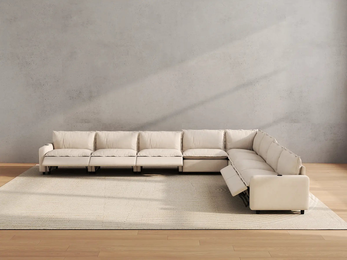Modular Cero Reclining Sectionals | 8-Piece Beige Linen Grand Estate V-Shaped Sectionals 8-Seater