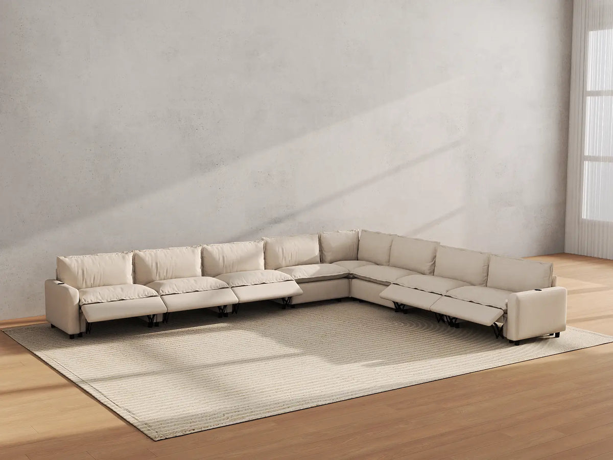 Modular Cero Reclining Sectionals | 8-Piece Beige Linen Grand Estate V-Shaped Sectionals 8-Seater