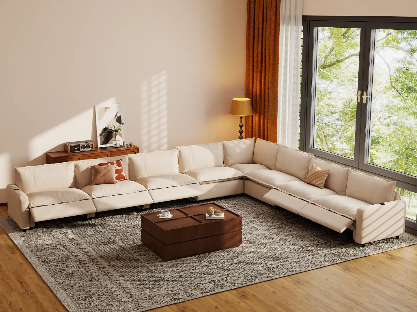 Modular Cero Reclining Sectionals | 8-Piece Beige Linen Grand Estate V-Shaped Sectionals 8-Seater