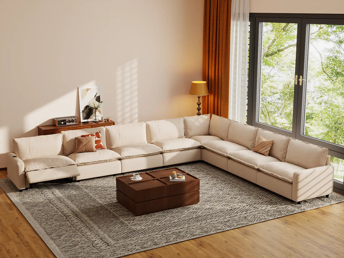Modular Cero Reclining Sectionals | 8-Piece Beige Linen Grand Estate V-Shaped Sectionals 8-Seater