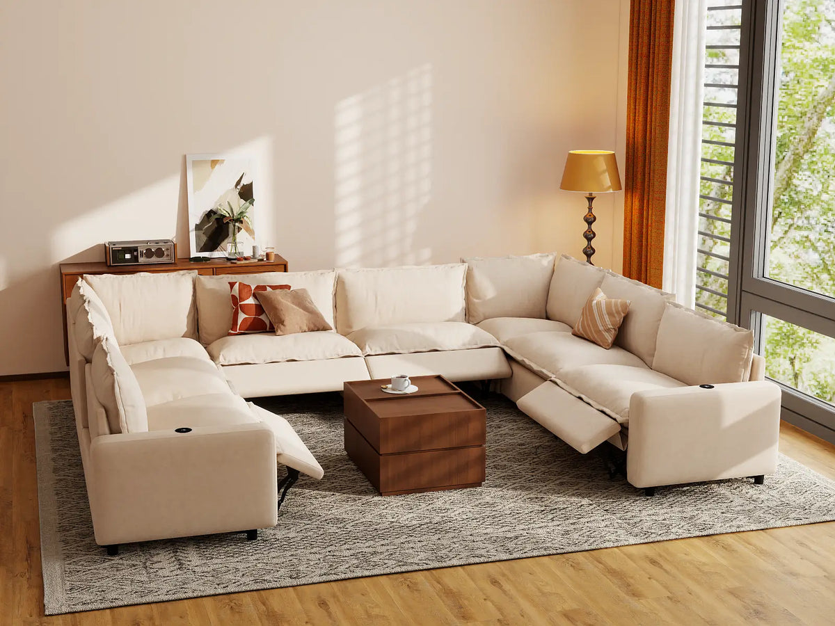 Modular Cero Reclining Sectionals | 8-Piece Beige Linen Open Space U-Shaped Sectionals 8-Seater