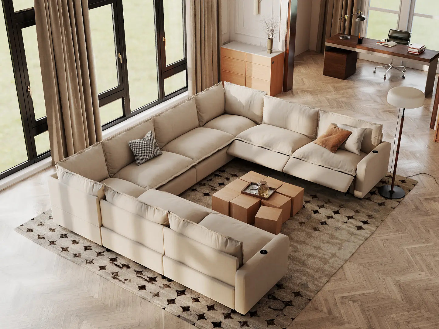 Modular Cero Reclining Sectionals | 8-Piece Beige Linen Open Space U-Shaped Sectionals 8-Seater