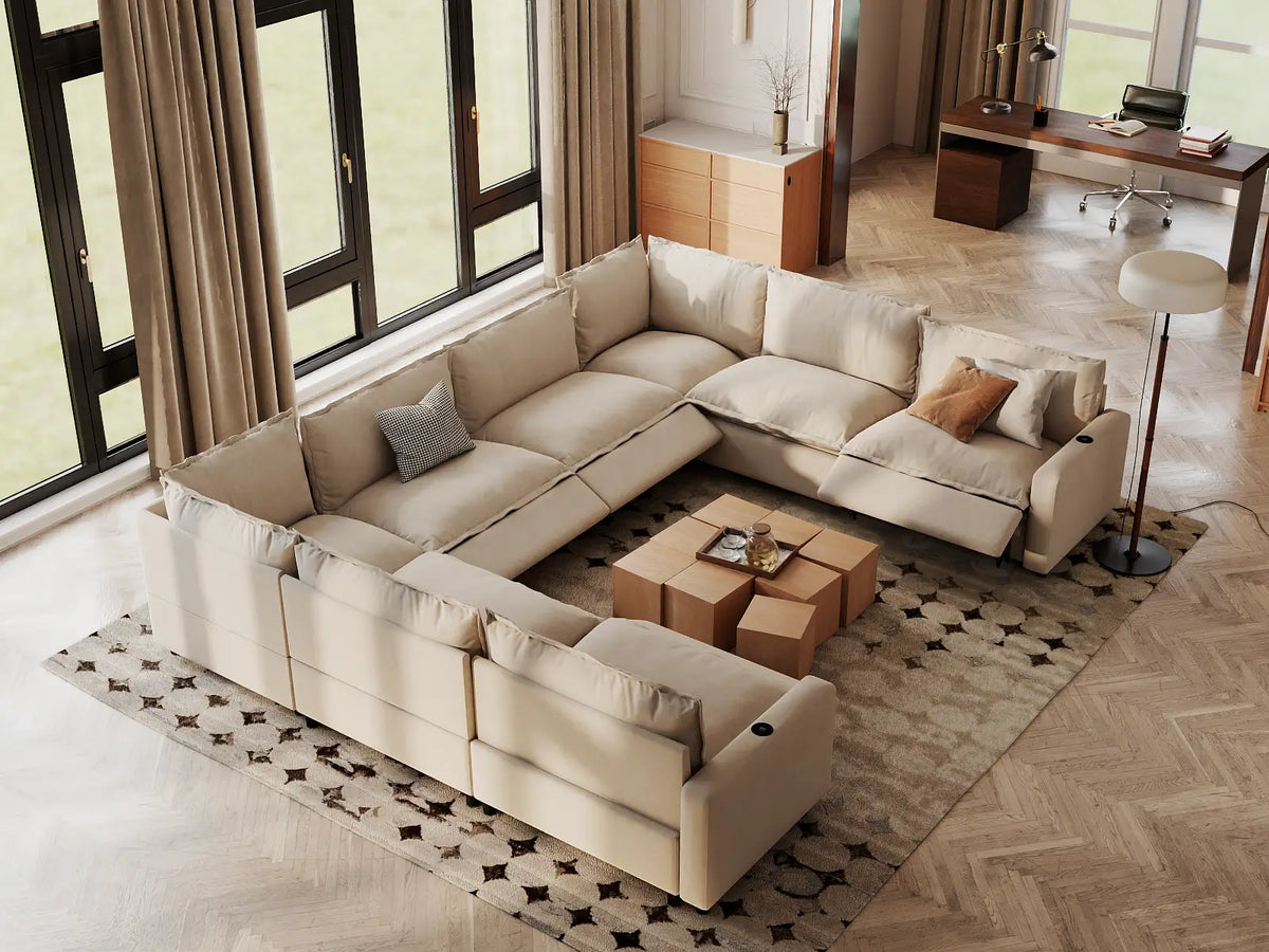 Modular Cero Reclining Sectionals | 8-Piece Beige Linen Open Space U-Shaped Sectionals 8-Seater