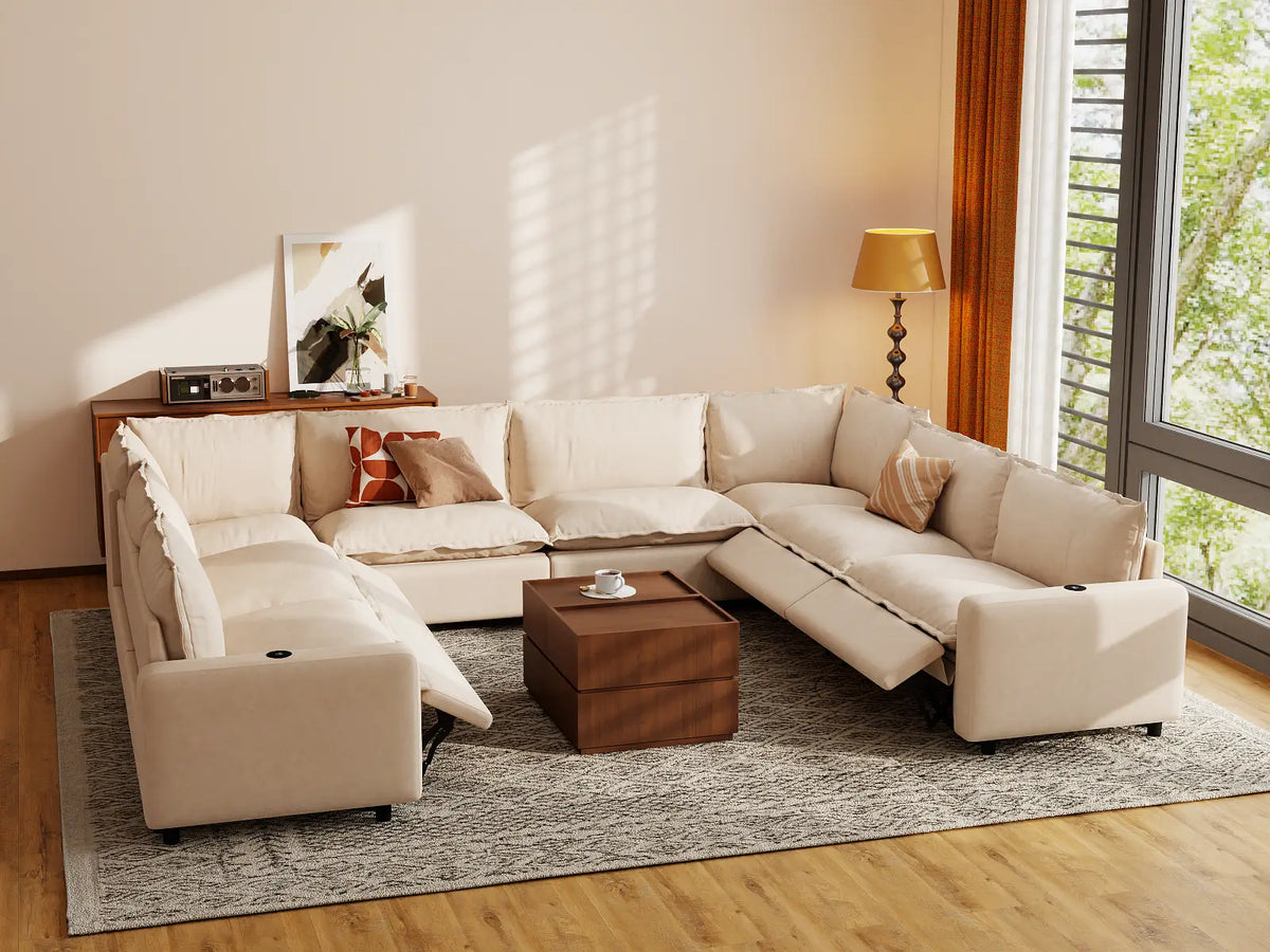 Modular Cero Reclining Sectionals | 8-Piece Beige Linen Open Space U-Shaped Sectionals 8-Seater