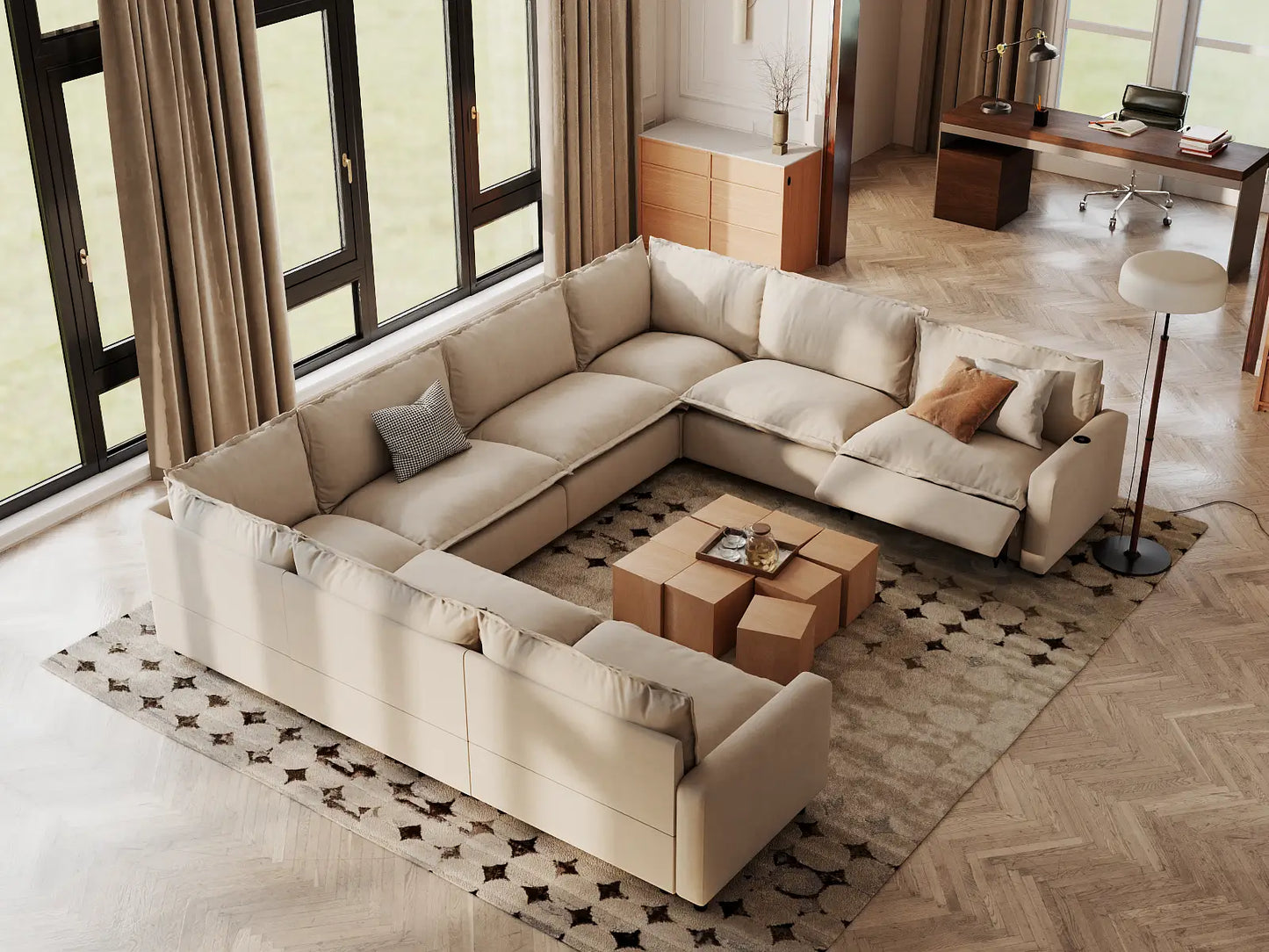 Modular Cero U Shaped Sectional with Recliner | 8-Piece Beige Linen Open Space U-Shaped Sectionals 8-Seater
