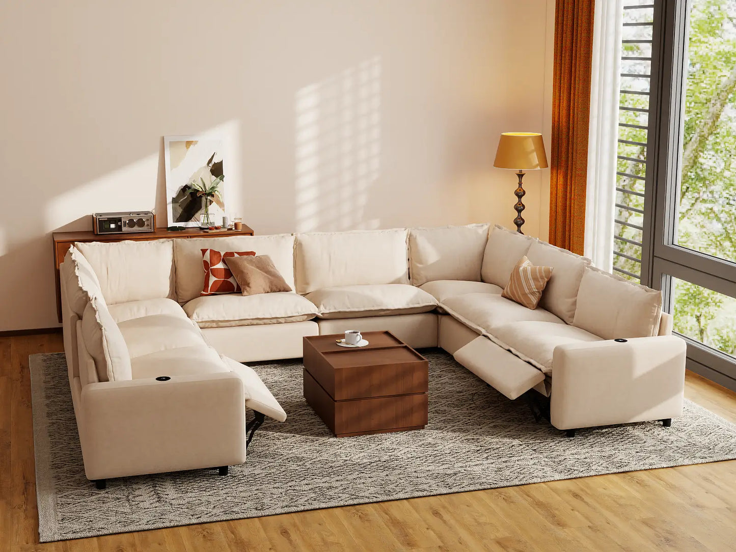 Modular Cero Electric Reclining Sectional | 8-Piece Beige Linen Open Space U-Shaped Sectionals 8-Seater