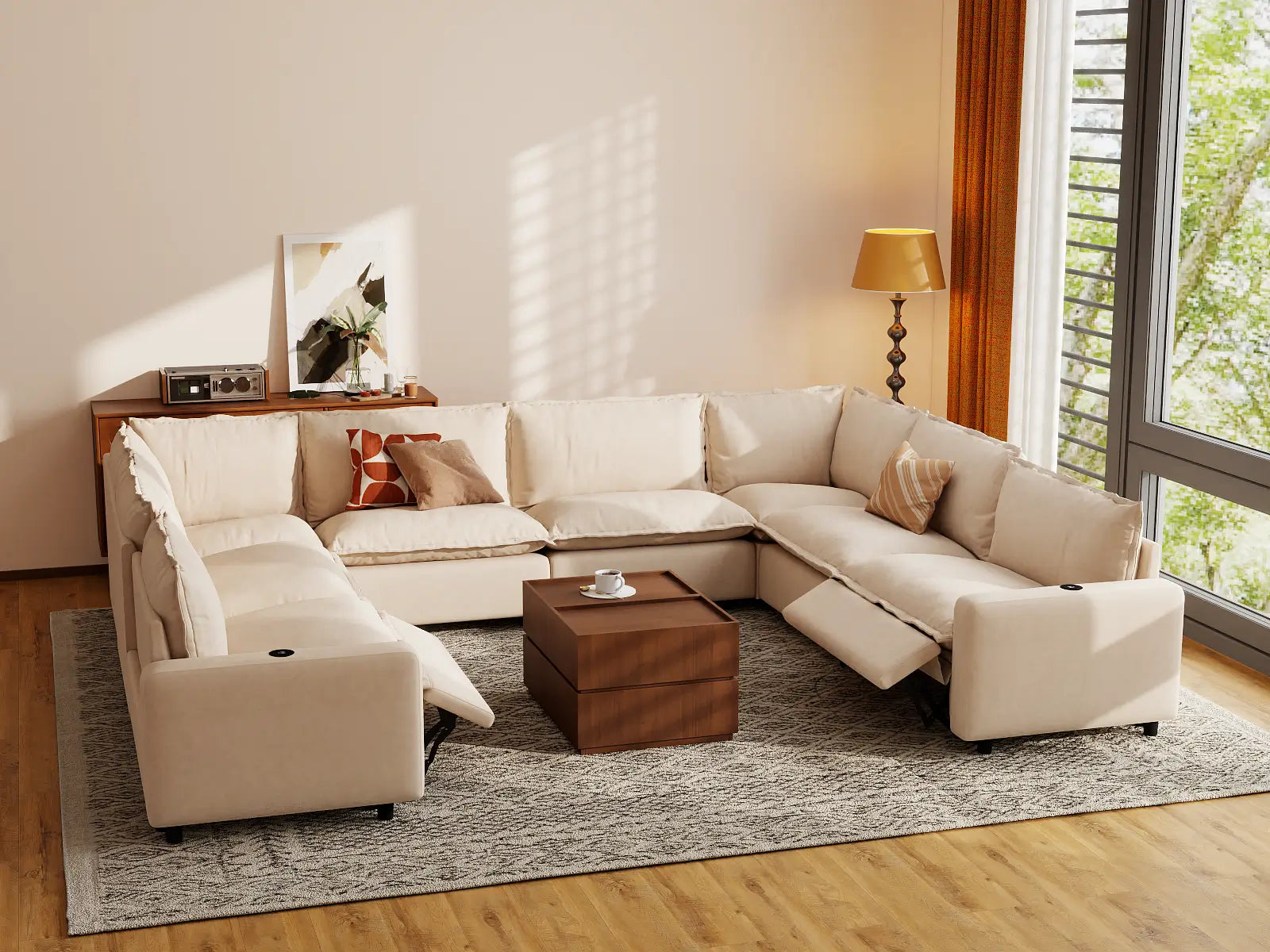 Modular Cero Electric Reclining Sectional | 8-Piece Beige Linen Open Space U-Shaped Sectionals 8-Seater