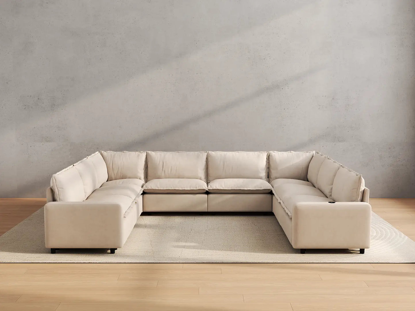 Modular Cero U Shaped Sectional with Recliner | 8-Piece Beige Linen Open Space U-Shaped Sectionals 8-Seater