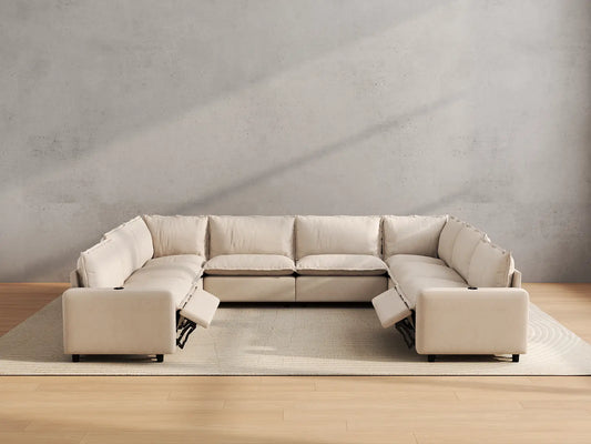 Modular Cero Reclining Sectionals | 8-Piece Beige Linen Open Space U-Shaped Sectionals 8-Seater