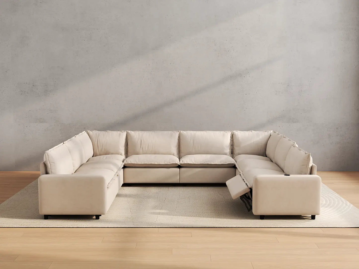 Modular Cero U Shaped Sectional with Recliner | 8-Piece Beige Linen Open Space U-Shaped Sectionals 8-Seater