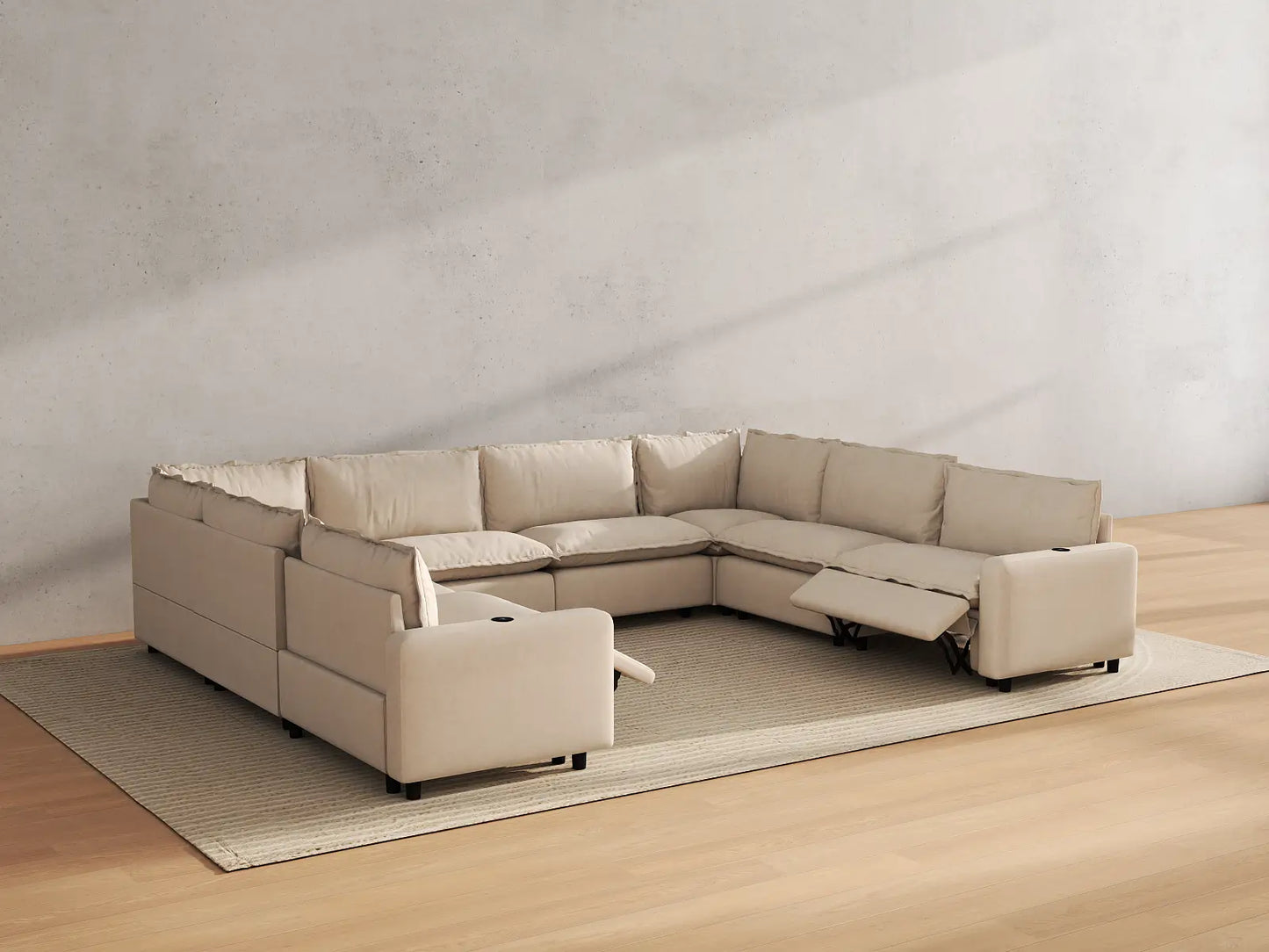 Modular Cero Electric Reclining Sectional | 8-Piece Beige Linen Open Space U-Shaped Sectionals 8-Seater