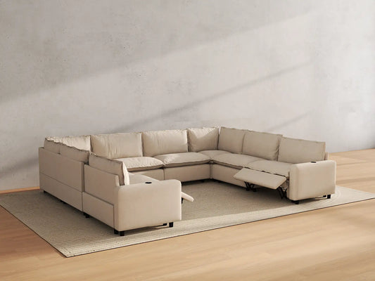Modular Cero Reclining Sectionals | 8-Piece Beige Linen Open Space U-Shaped Sectionals 8-Seater