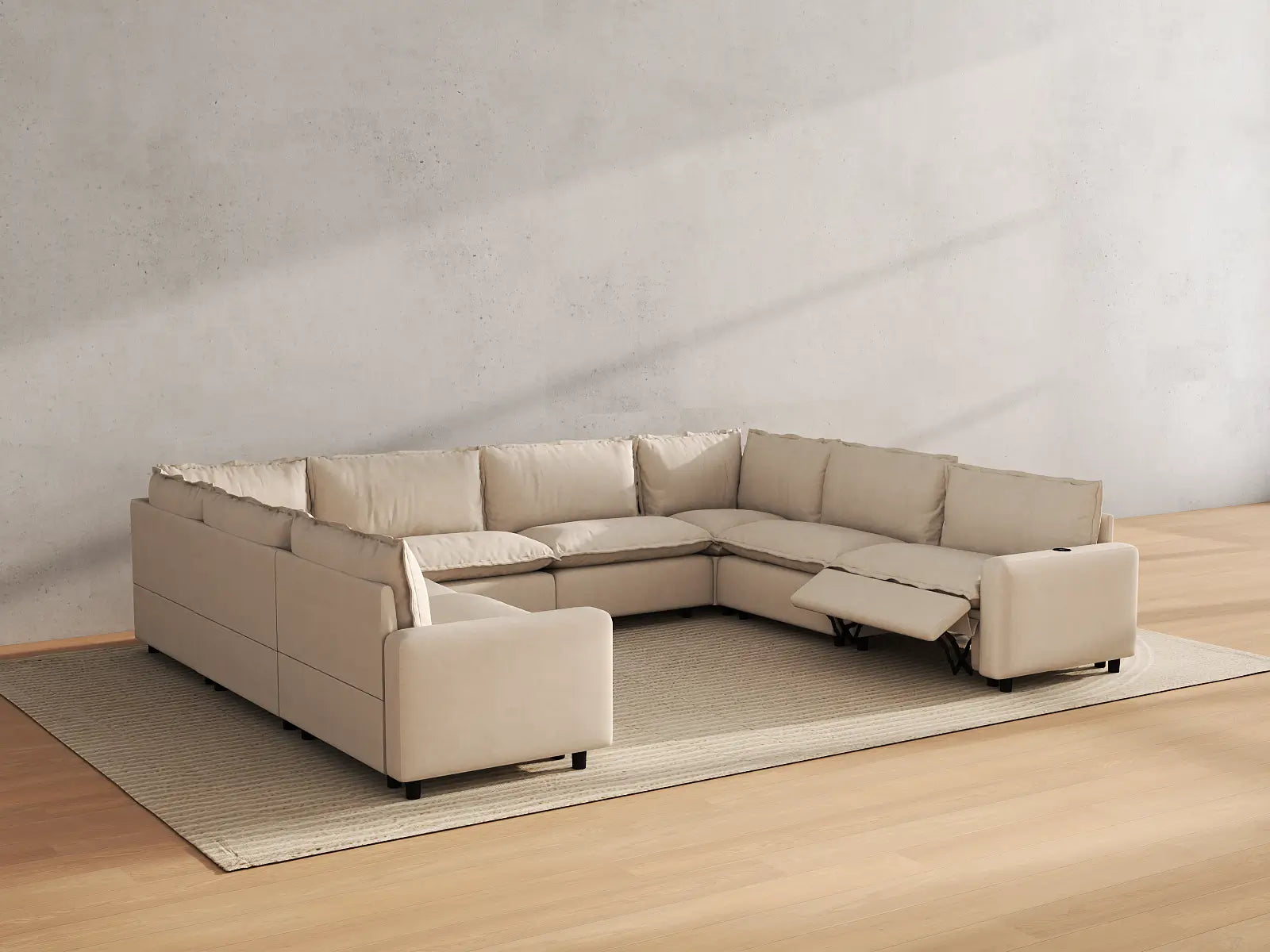 Modular Cero U Shaped Sectional with Recliner | 8-Piece Beige Linen Open Space U-Shaped Sectionals 8-Seater