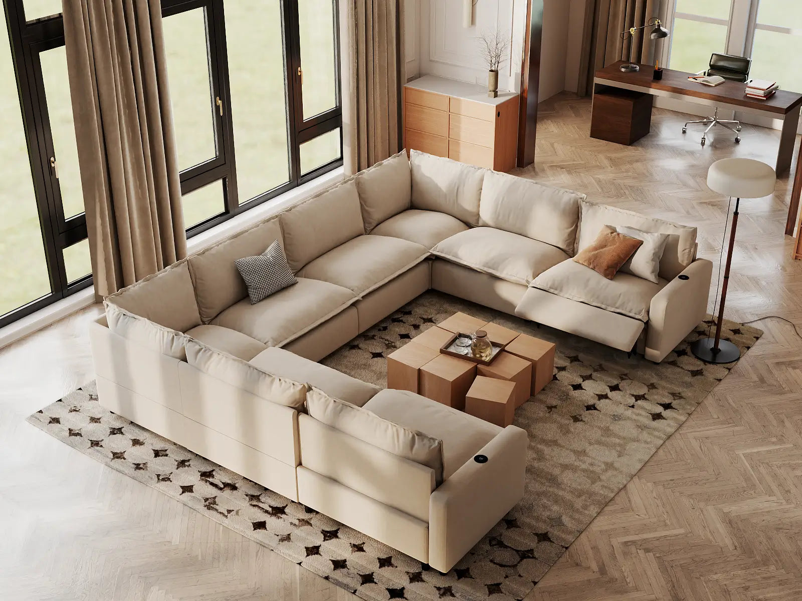 Modular Cero Electric Reclining Sectional | 8-Piece Beige Linen Open Space U-Shaped Sectionals 8-Seater