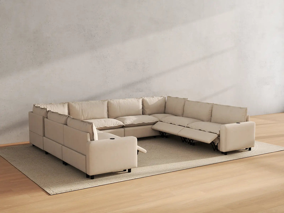 Modular Cero Reclining Sectionals | 8-Piece Beige Linen Open Space U-Shaped Sectionals 8-Seater