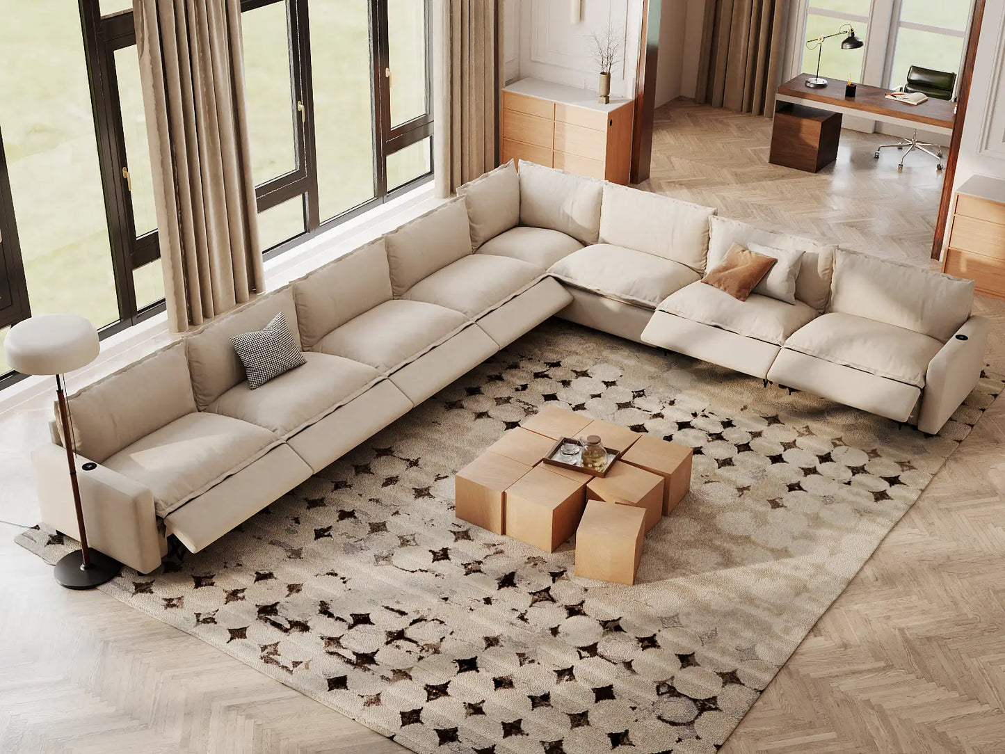 Modular Cero Reclining Sectionals | 8-Piece Beige Linen Open Space V-Shaped Sectionals 8-Seater