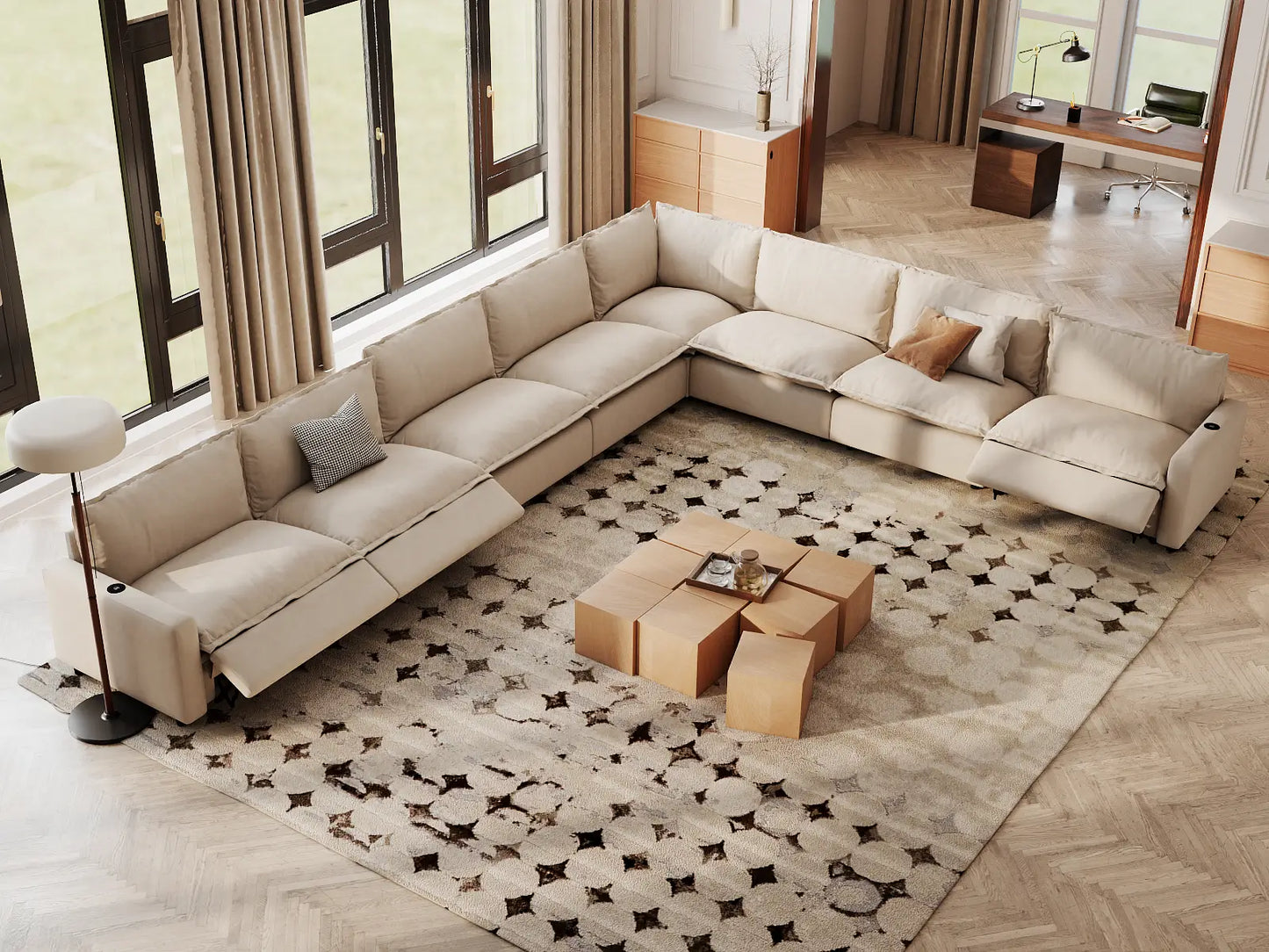 Modular Cero Reclining Sectionals | 8-Piece Beige Linen Open Space V-Shaped Sectionals 8-Seater