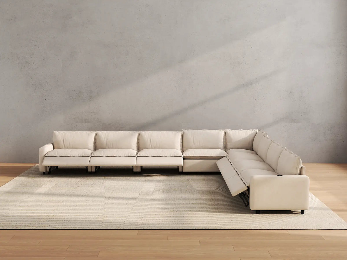Modular Cero Reclining Sectionals | 8-Piece Beige Linen Open Space V-Shaped Sectionals 8-Seater