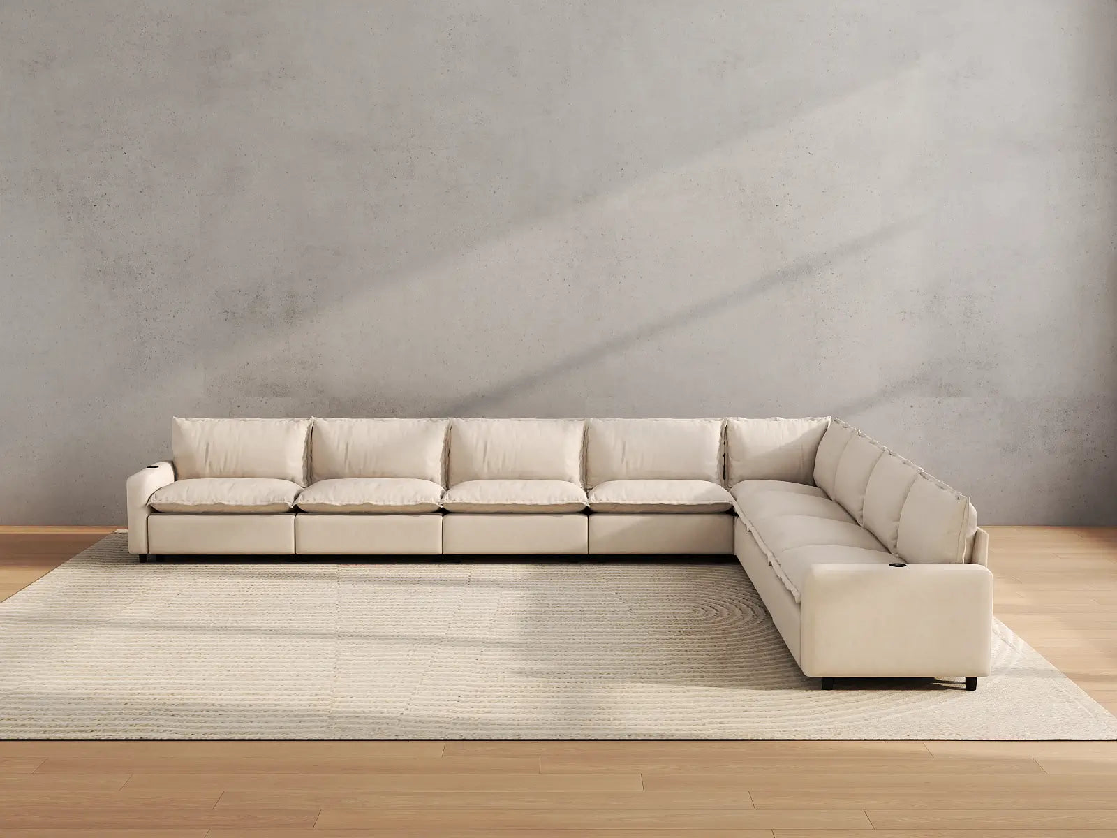 Modular Cero Oversized Sectional Couch with Recliner | 8-Piece Beige Linen Open Space V-Shaped Sectionals 8-Seater