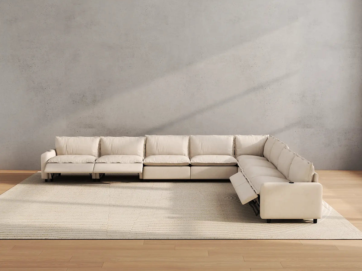 Modular Cero Reclining Sectionals | 8-Piece Beige Linen Open Space V-Shaped Sectionals 8-Seater