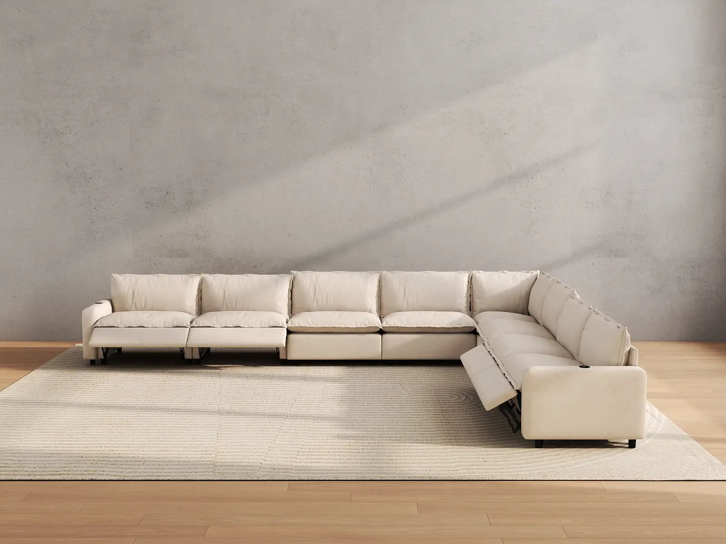 Modular Cero Reclining Sectionals | 8-Piece Beige Linen Open Space V-Shaped Sectionals 8-Seater