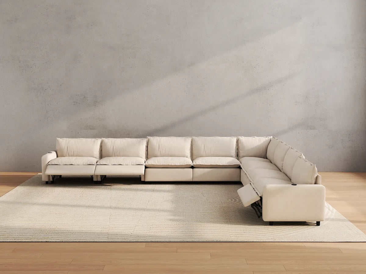 Modular Cero Reclining Sectionals | 8-Piece Beige Linen Open Space V-Shaped Sectionals 8-Seater