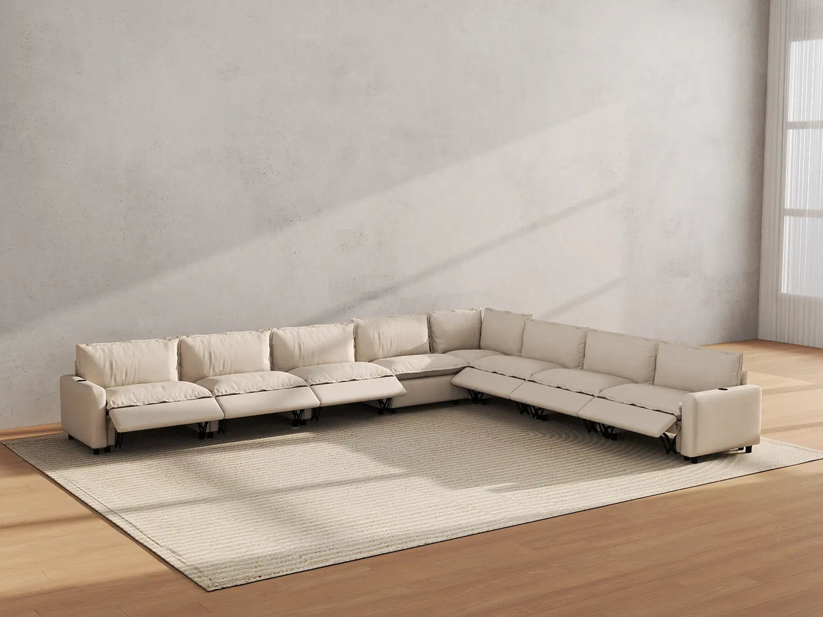 Modular Cero Reclining Sectionals | 8-Piece Beige Linen Open Space V-Shaped Sectionals 8-Seater