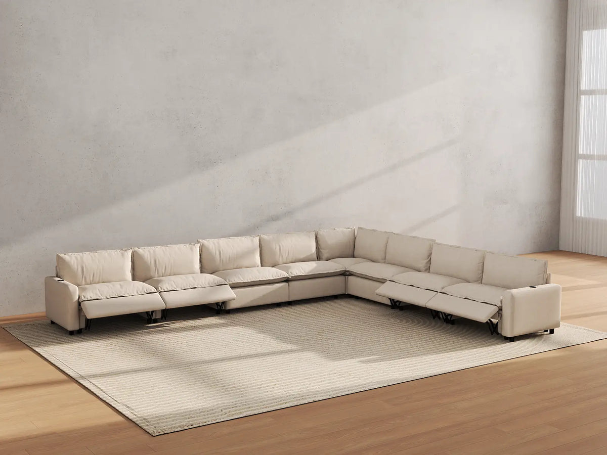 Modular Cero Reclining Sectionals | 8-Piece Beige Linen Open Space V-Shaped Sectionals 8-Seater
