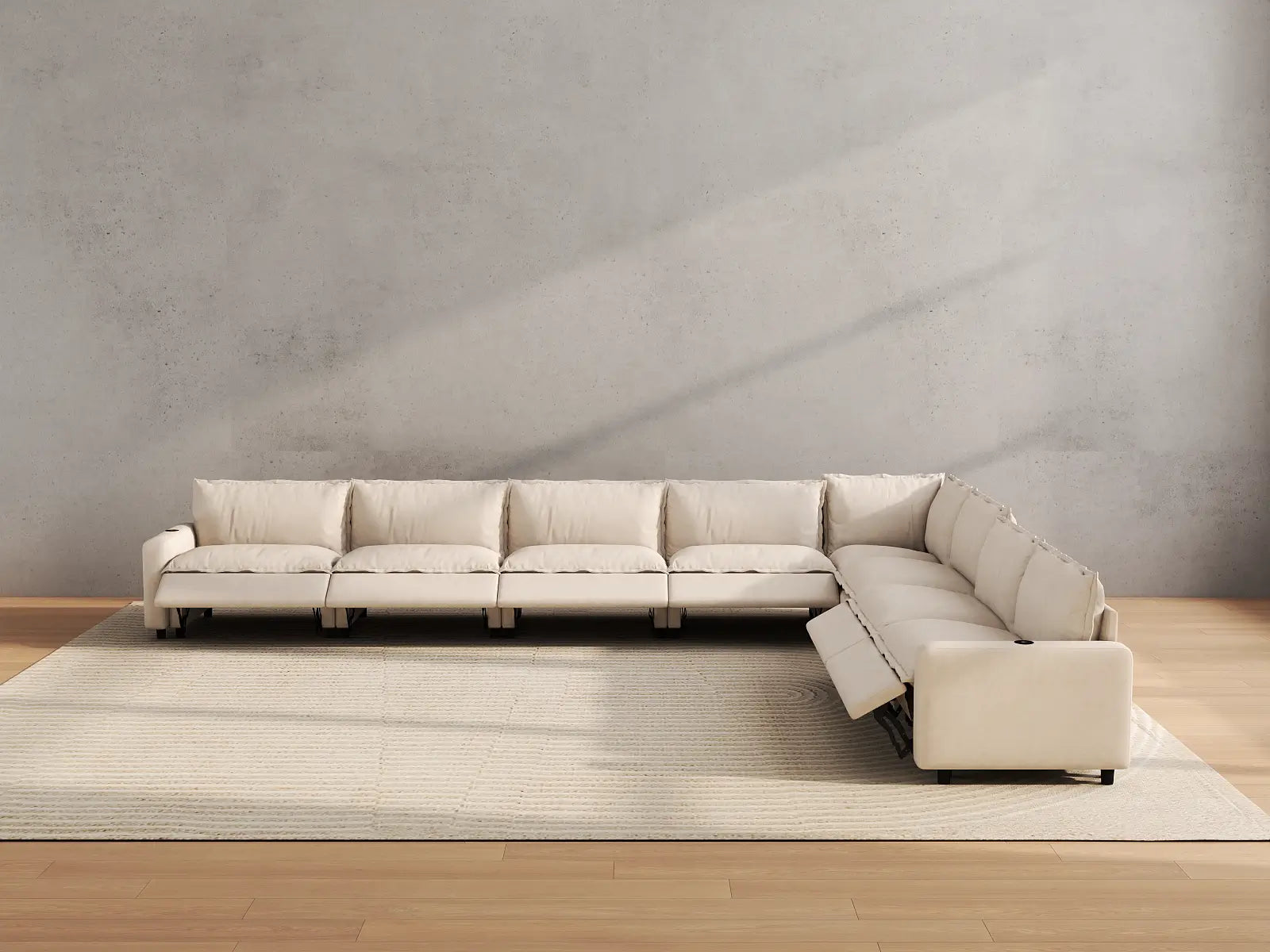 Modular Cero Oversized Reclining Sectional | 8-Piece Beige Linen Open Space V-Shaped Sectionals 8-Seater