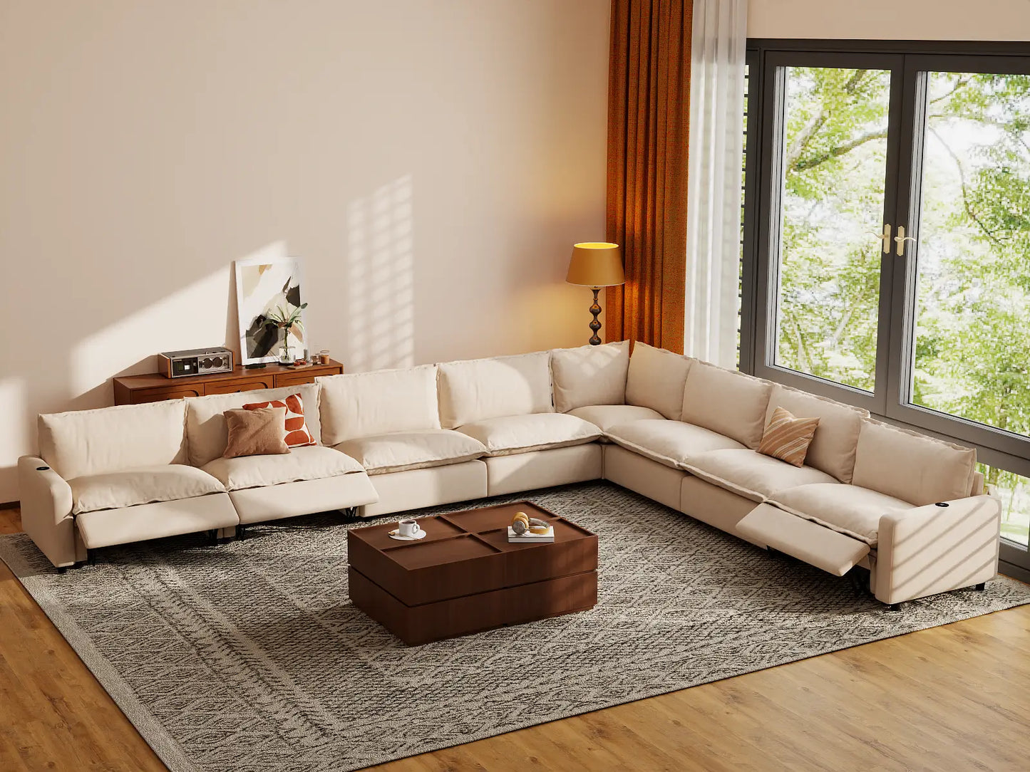 Modular Cero Reclining Sectionals | 8-Piece Beige Linen Open Space V-Shaped Sectionals 8-Seater